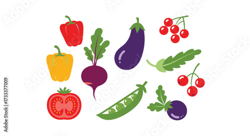 A colorful assortment of fresh vegetables and fruits including peppers tomatoes beets eggplant and cherries.