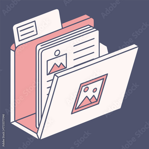 Isometric illustration of an open file folder with documents and images inside paperwork