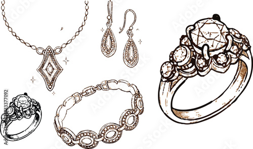 This image shows a collection of **jewelry sketches** in a hand-drawn style. The pieces include:Art & Illustration