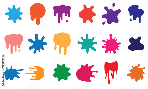 Set of colorful paint splashes icon vector. Paint splatter colorful blotch set, color ink blots. Different splashes and drops, cartoon spatters. Vector illustration.