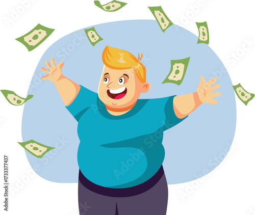 Excited Overweight Adult Man Winning Money Prize Vector Character. Cheerful guy saving a lot of cash in a giveaway 
