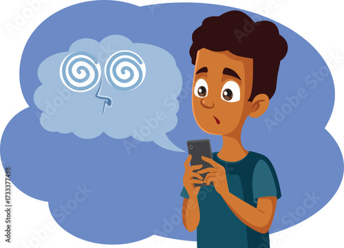 Teen Boy Reading Ai Chatbot Hallucinations Vector Character. Teenager typing and messaging artificial intelligence conversation app