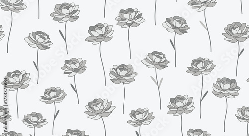 A delicate floral pattern featuring scattered light gray roses on a white background.