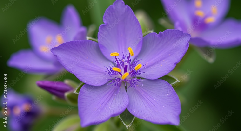 Fototapeta premium Close up of vibrant purple flowers with yellow centers blurred green background