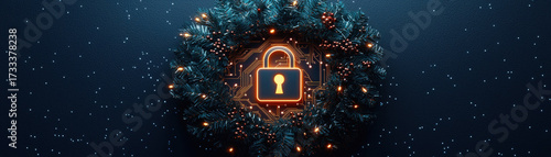 Christmas cyber security technology concept with digital padlock glowing inside festive wreath and sparkling lights on dark background