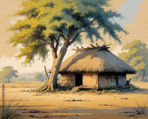 rough color pencil sketch on warm beige textured paper, a simple rural hut with thatched, large, leafy tree nearby