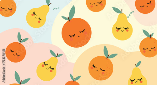 Cute sleeping pears and oranges with closed eyes and leaves.