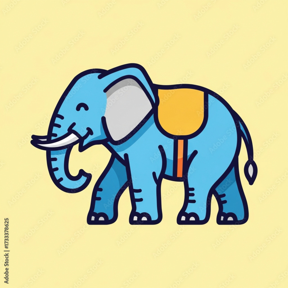 Obraz premium Cartoon Elephant with Blue Body and Yellow Saddle Walking