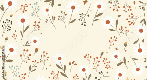 A gentle watercolor floral pattern with small daisies and scattered autumn berries adorning a soft cream background.