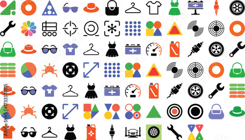 Colorful lifestyle icons offer versatile visual solutions for modern design projects, including fashion, automotive, and everyday life concepts
