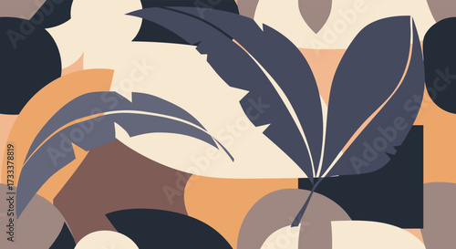 Abstract botanical illustration featuring stylized leaves and organic shapes in a muted color palette.