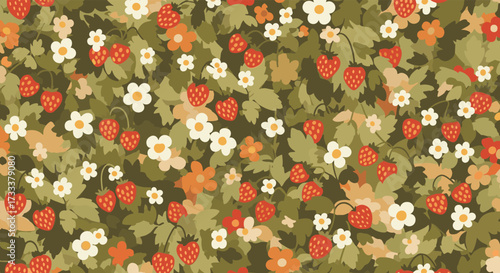 A vibrant repeating pattern of strawberries and small white and orange flowers on a lush green background.