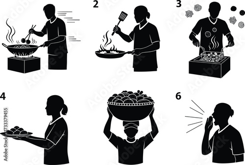 Street food preparation, cooking process, wok frying, grill station, food serving, child vendor, traditional cuisine, steam rising, silhouette workers, daily life