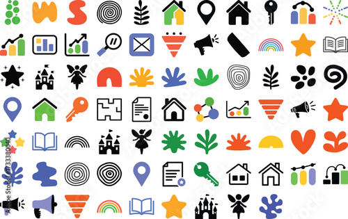 Playful collection of whimsical doodle icons brings a burst of creative fun to your designs, perfect for adding a lighthearted touch to projects