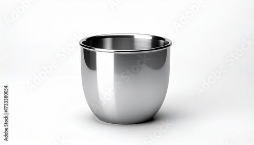 Metallic stainless steel cup, smooth reflective surface, cylindrical shape on white background.