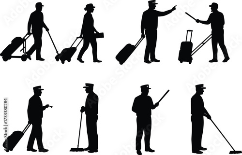 Silhouette, worker, broom, suitcase, porter, cleaner, walking, sweeping, baton, dog, travel, gesture, labor, airport, station, public, job, motion, occupation, urban