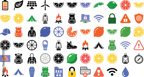 Vibrant camping and security icons offer modern, stylish design elements for websites, apps, and marketing materials that need an adventurous, secure feel
