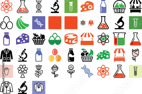 Vibrant science and food icons for modern education or creative branding, showcasing lab tools, fresh groceries, and organic market produce in a bold style