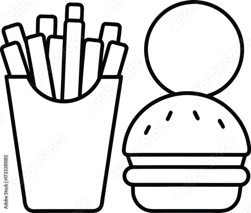 Simple Line Art Icon of French Fries and a Burger with a Bun