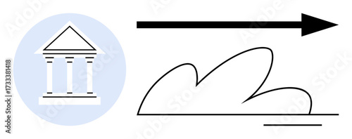 Iconic building representing government and institutions, forward arrow denoting progress, abstract cloudthumbs up lines symbolizing creativity. Ideal for progress, innovation, policy, reform