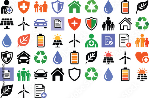 Inspiring icons for eco-friendly living, healthcare, and community support in a modern design showing renewable energy and social wellness projects