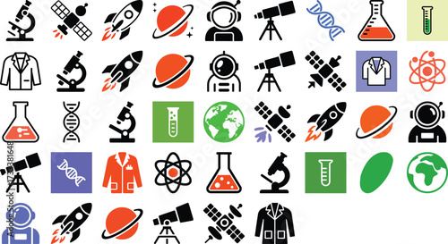 Explore exciting science and space research with these icons for education, technology, and innovation projects inspiring future scientists and explorers