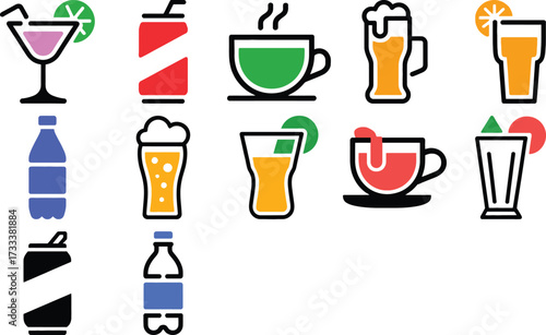 Vibrant drink icons for modern menus and bar designs, perfect for adding a playful touch to promotional materials and social media campaigns