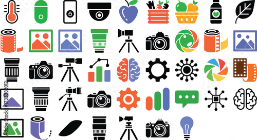 Explore a vibrant collection of photography equipment, fresh produce, and technology icons for diverse creative projects, perfect for modern designs