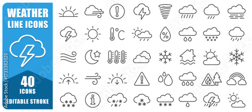 Weather Line Icons Set Features 40 Clean And Minimal Icons Representing Sun, Rain, Snow, Clouds, Storms, And More. Perfect For Forecasts, Apps, Websites. Editable Stroke Line Style. Isolated Vector 