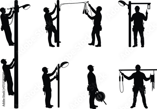 Silhouette, utility workers, electrical maintenance, cable repair, streetlight installation, telecom service, power pole, technician, harness, tools, teamwork, safety, infrastructu