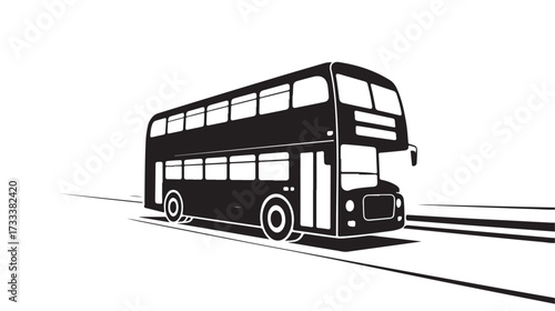 Iconic black double decker bus glides smoothly along a stylized road creating a dynamic sense of urban travel and classic transport appeal.