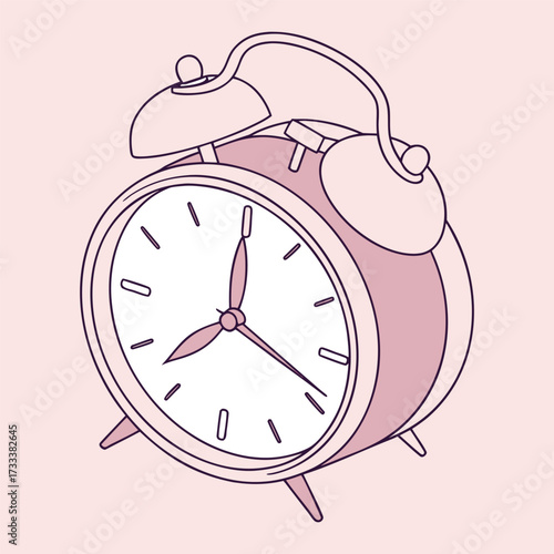 Pink retro alarm clock with dark outline on light pink background time vintage