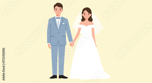 A happy bride and groom in wedding attire holding hands.