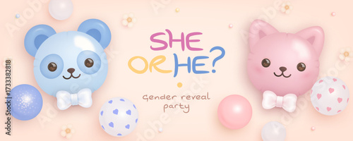He or she. Boy or Girl. Cartoon gender reveal invitation, flyer or wallpaper design template with panda and kitten. Horizontal banner with realistic helium balloons. Vector illustration