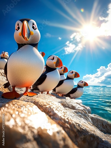 Adorable Puffins on a Sunny Cliffside.