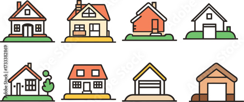 Charming collection of house icons creating a welcoming neighborhood vibe, perfect for real estate marketing and home design projects with a playful touch
