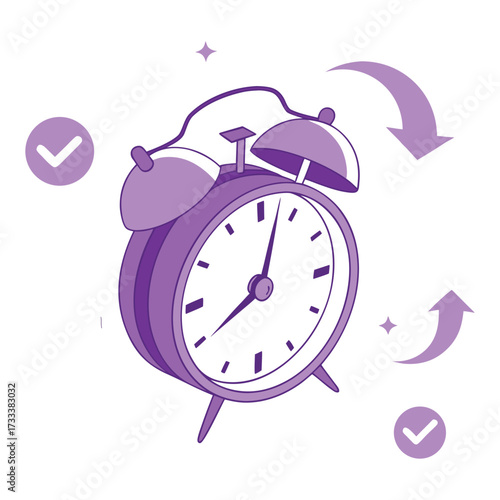 Purple alarm clock with checkmarks and arrows on white background time illustration
