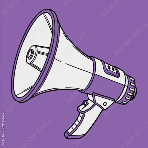 Purple and white megaphone illustration with black outline on purple background bullhorn
