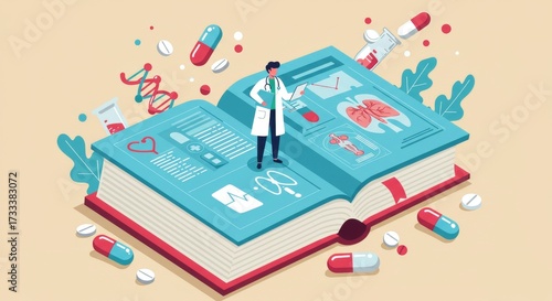 Vector Doctor Standing on Open Book of Medicine with Floating DNA Icons