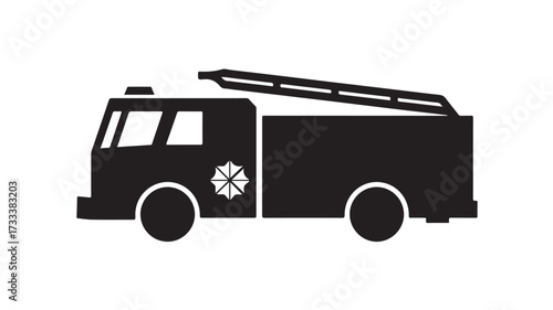 Dynamic black silhouette of a fire truck with extending ladder ready for emergency response, symbolizing safety and service with modern graphic style.