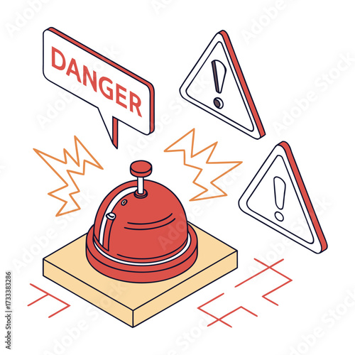 Red alarm bell with danger warning and exclamation signs in isometric view alert exclamation mark