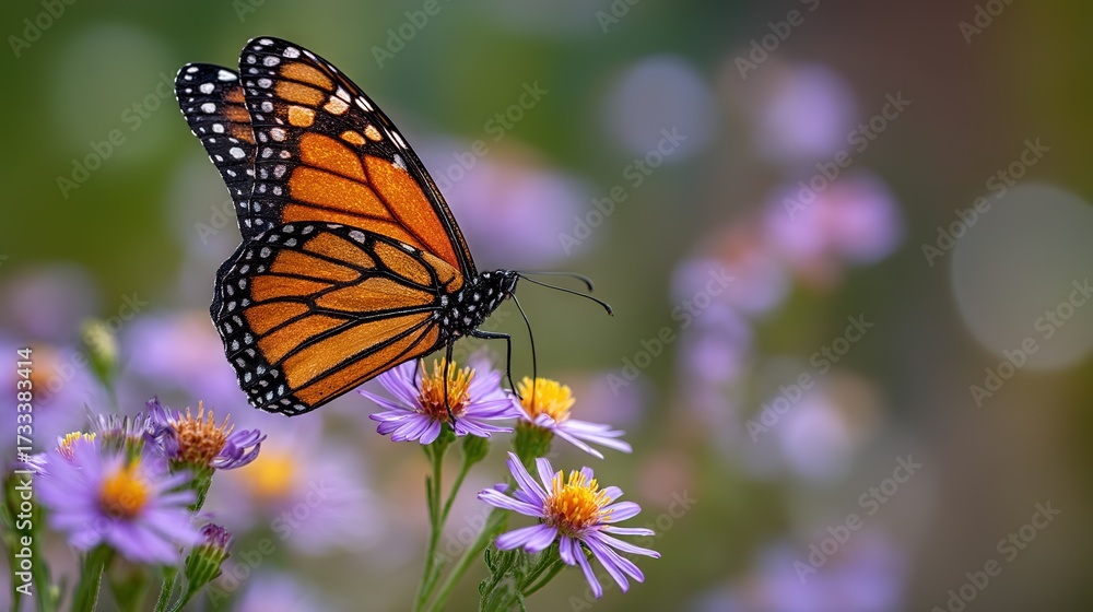 Fototapeta premium Detailed close-up of monarch feeding on tiny violet flowers — vibrant orange and black wings on purple blossoms with soft bokeh, ideal for presentations, social headers, and eco campaigns, ecology c