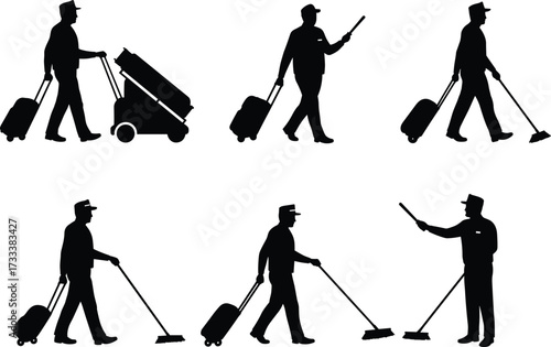 Silhouette, janitor, cleaning staff, mop, sanitation worker, maintenance, hygiene, service job, uniform, equipment, labor, wor