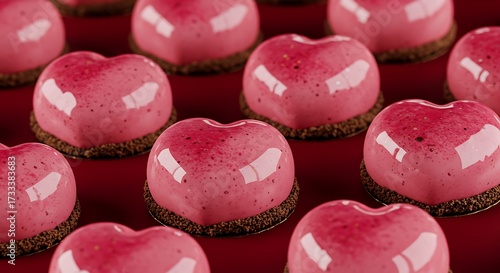 Pink heart shaped desserts on red background for romantic celebrations