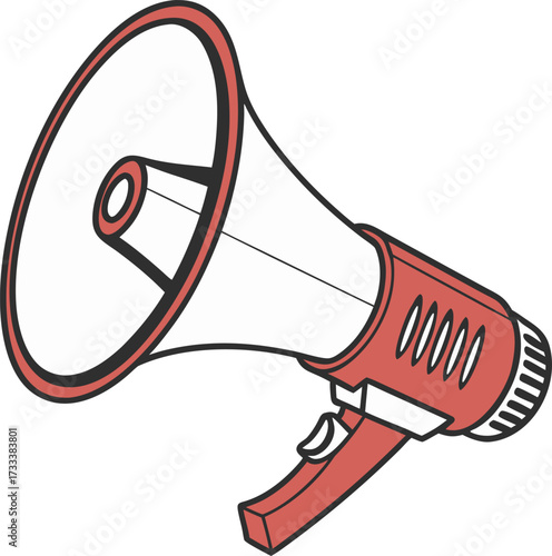 Red and black outlined megaphone graphic with white interior and grey accents bullhorn