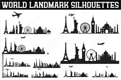 World landmarks silhouettes collection featuring iconic monuments and architectural wonders from around the globe