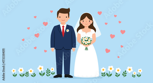 Cartoon illustration of a happy bride and groom in wedding attire.