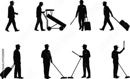 Silhouette, janitor, cleaner, maintenance worker, sanitation, mop, broom, trolley, suitcase, labor, hygiene, public service, equipment, uniform, work, cleaning staff, ur