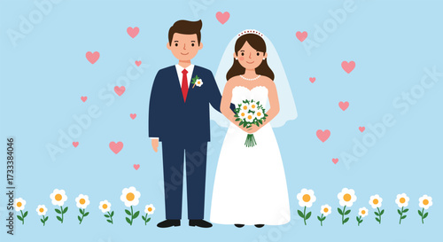 Cartoon illustration of a happy bride and groom on their wedding day.