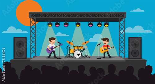 Cartoon rock band performing live on an outdoor stage with audience.